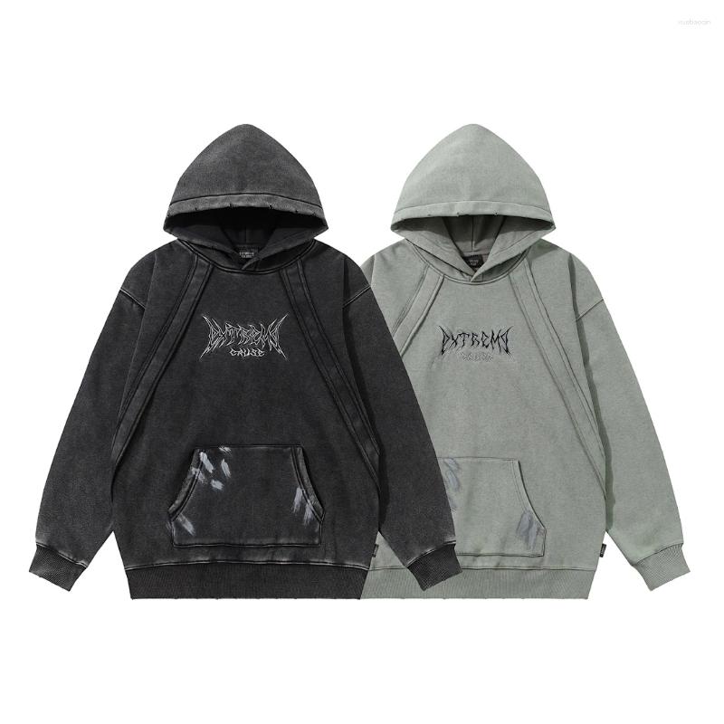 Gothic Graphic Unisex Frayed Distressed Hood Seam Splicing Brush Stroke Pocket Detail Vintage Washed Oversized Loose Pullover