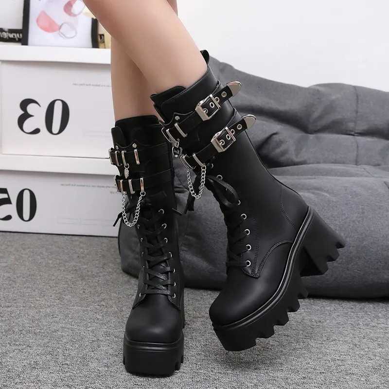 2025 Women's Punk Gothic Boots fashion Chain High Heels Mid Calf Boots Women Black Pu Leather Plus Size 42 Autumn Botas D260917