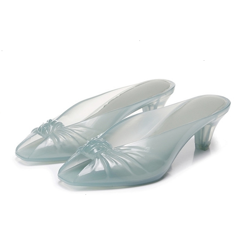 Women Transparent Jelly Mule Heels Peep Toe Clear Kitten Heel Slide Sandals Waterproof Slip On Jelly Shoes Casual Summer 260910