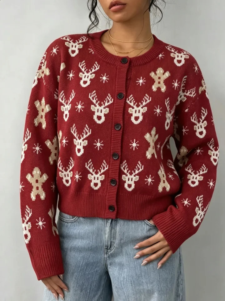 Women's Burgundy Red Printed Knitted Cardigan with Christmas Reindeer Gingerbread Man Snowflake Pattern RoundNeck LongSleeved Festive Sweater 2