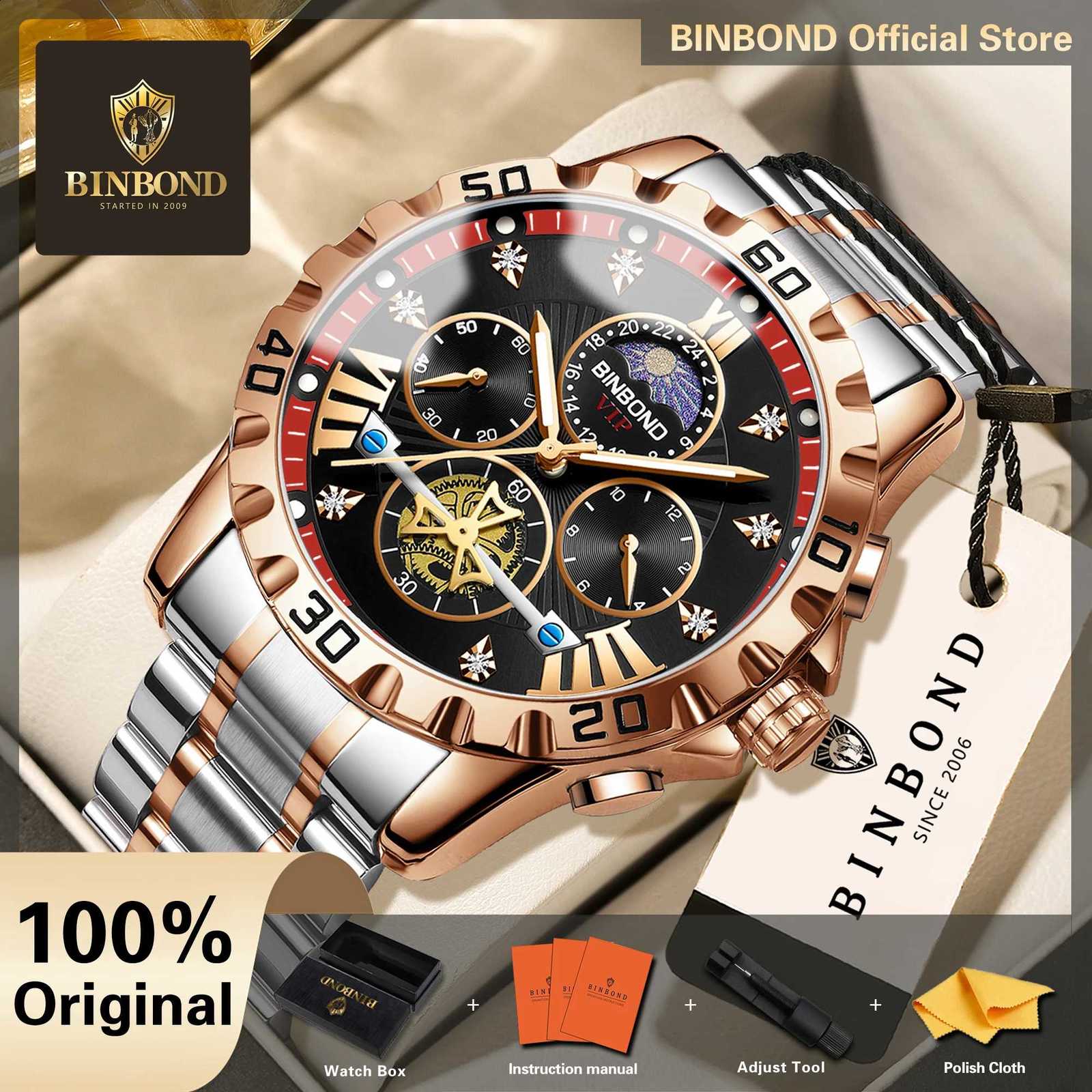BINBOND Quartz Watches for Men Luxury Luminous Waterproof Chronograph Men's Watch Stainless Steel Relogio Homem Quadrado +BoxT260916
