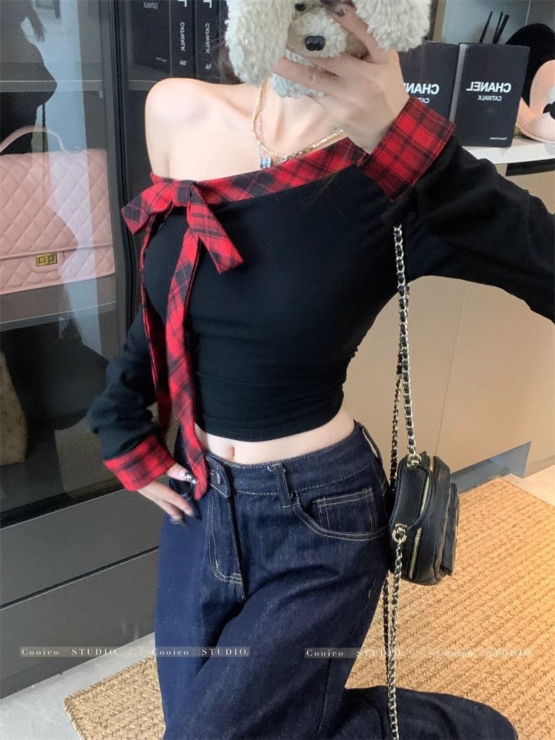 Red plaid bow tie off-shoulder long-sleeve T-shirt for women, spring and autumn, off-the-shoulder base layer, hot girl style, short one-shoulder top