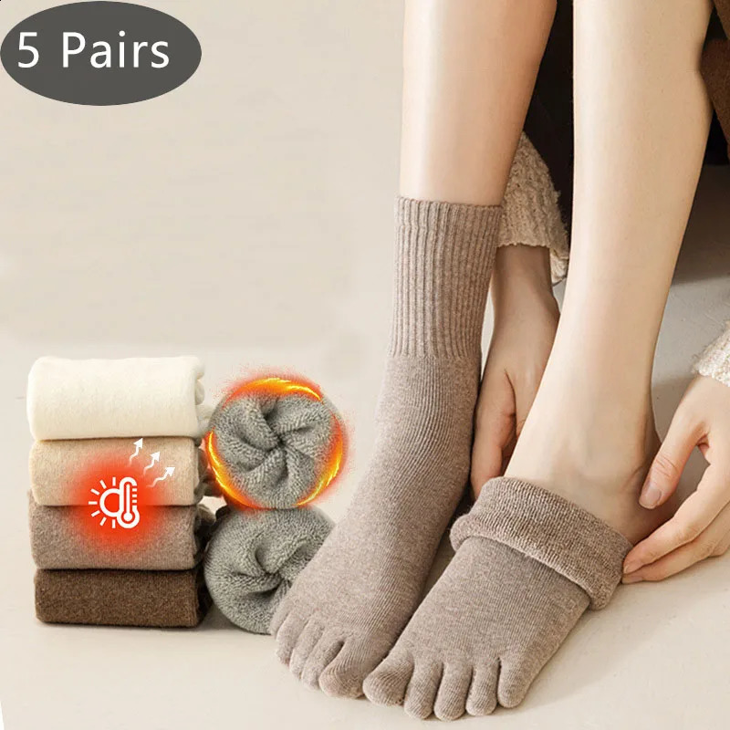 5 Pairs Women Toe Socks Thick Winter Cotton Solid Loose Breathable Warm Floor Sleeping Terry Against Cold Snow Five Finger Socks 260917