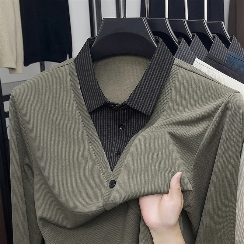 2026 Men's Two Piece Polo Shirt Casual Fashion Long Sleeve Collar T-shirt Versatile Top 260916CJ