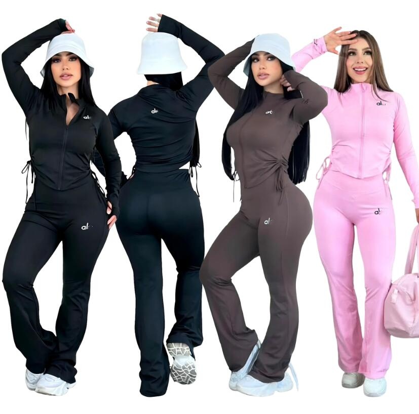 Sports brand Women's Tracksuits autumn new high elasticity slim fit yoga suit short top drawstring pants women's two-piece set Free Ship