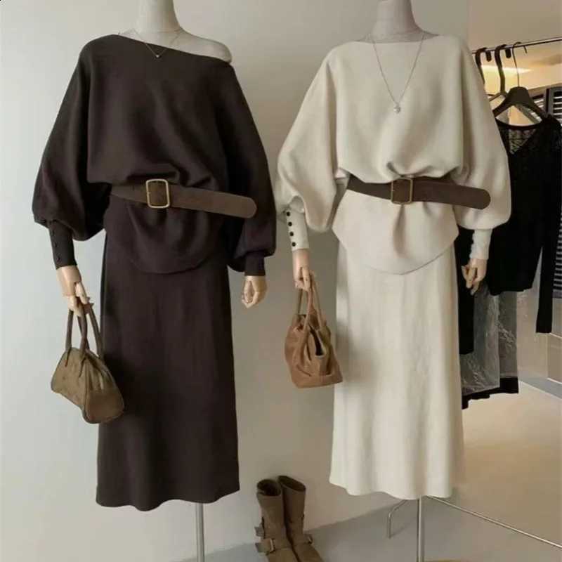 Irregular Size French One Plus Necked Bat Sleeve Knitted Sweater Half Skirt Set Women's Bag Buttocks Skirt Two-piece Set SkirtW260915