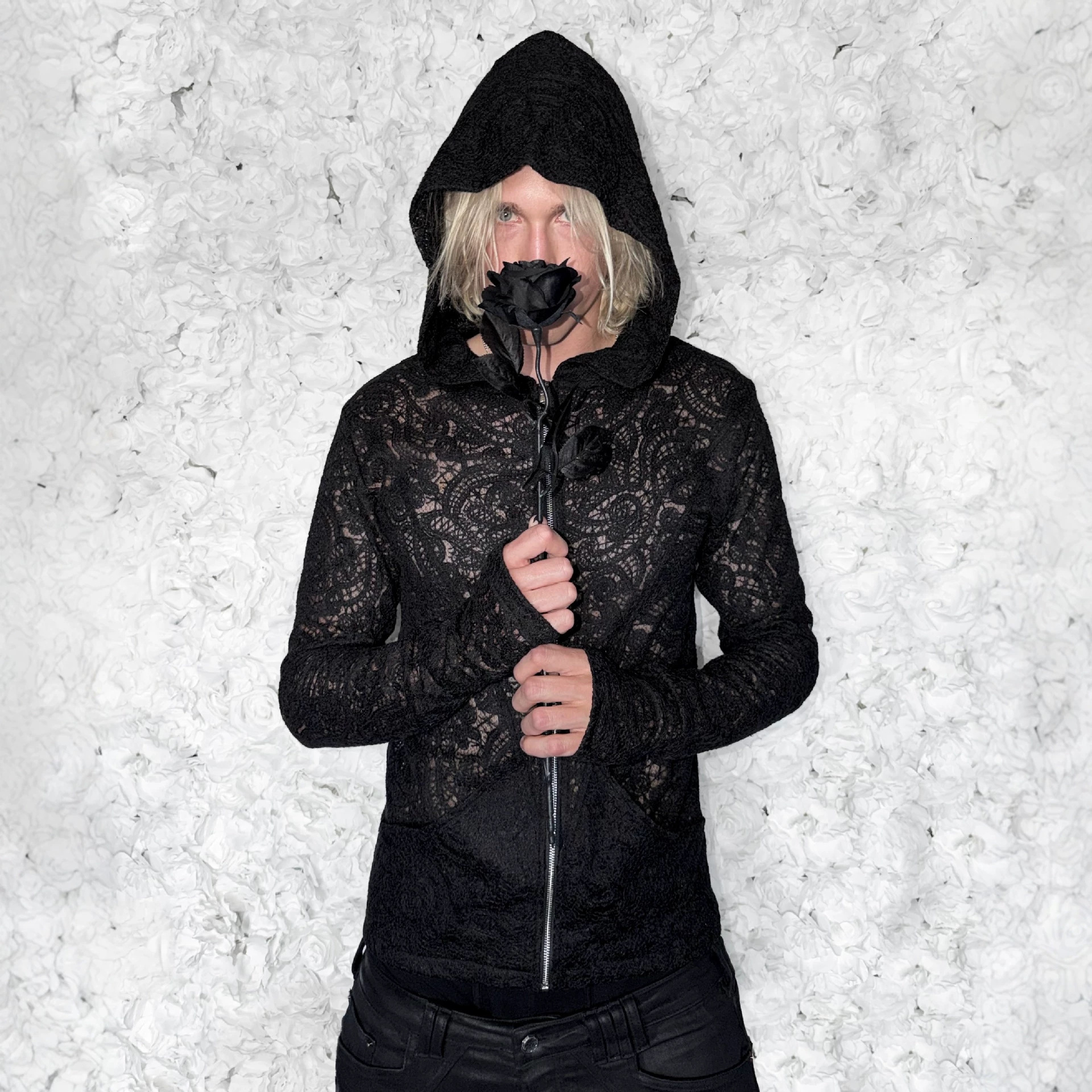 European American cross-border hollow lace hooded zip-up cardigan, slim-fit, pure and sexy, black long-sleeved top 51