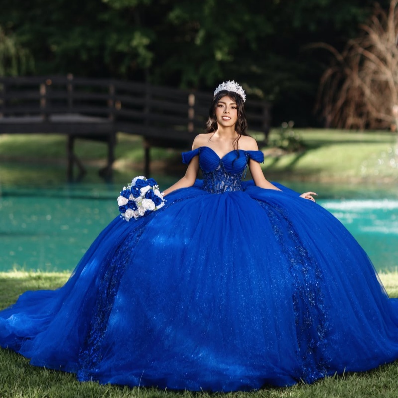 Shiny Royal Blue Quinceanera Dresses Ball Gown Sweet 16 Dress Crystal Glitter Decal Tull Layering Birthday 15th Party Gown Lace-Up Long Tail