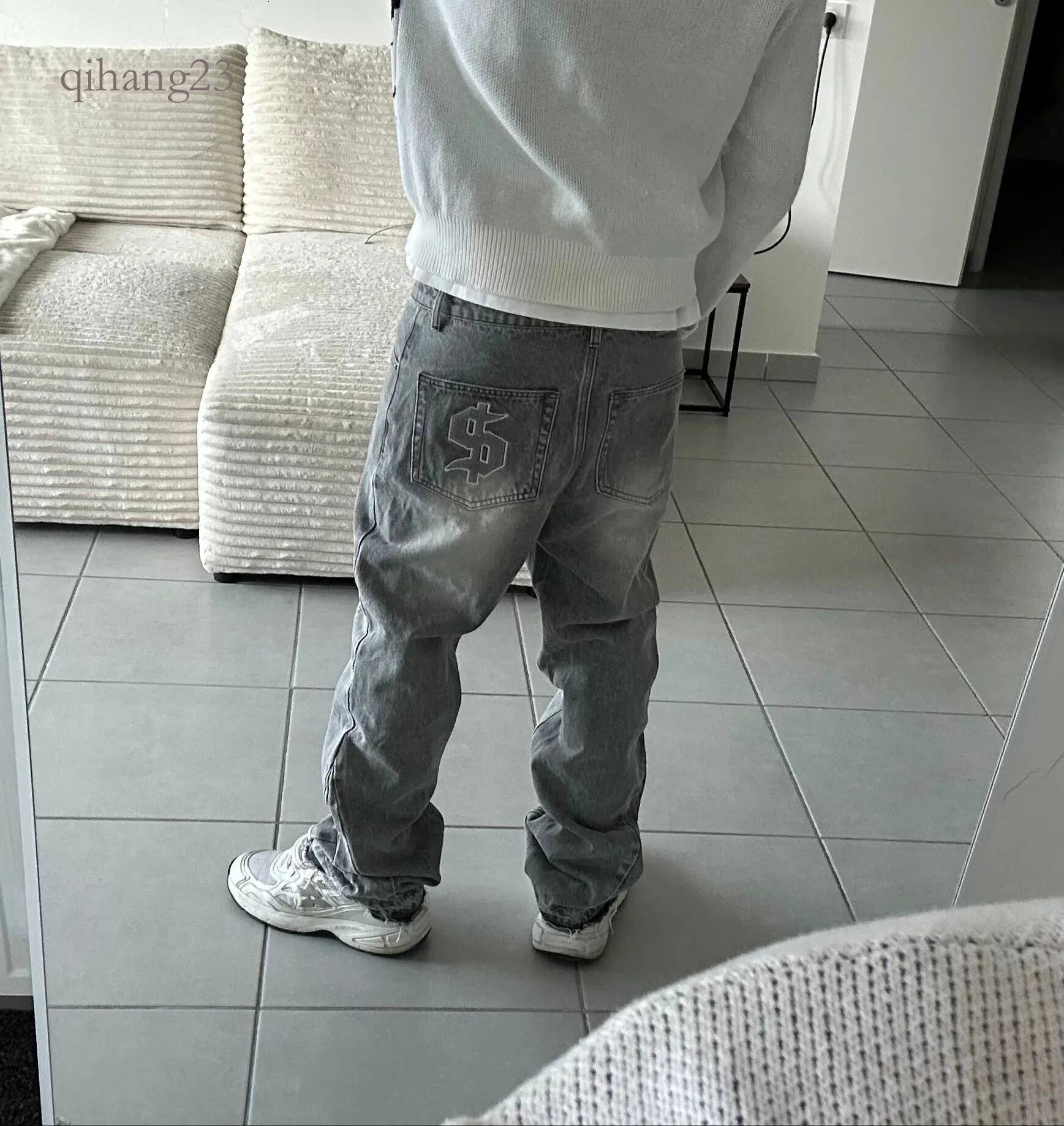 Y2k American Bell Bottoms Denim Pants Rock Style Men's Dollar Embroidered Retro Straight Leg Jeans Distressed Washed Jean Sweater Short Sleeved