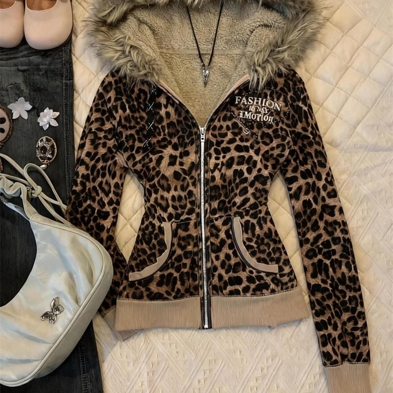 Y2K Girl Autumn Winter Harajuku Vintage Leopard Print Slim Fit Sweatshirt Women Gothic Fur Collar Zipper Long Sleeve Hoodie 260911ww