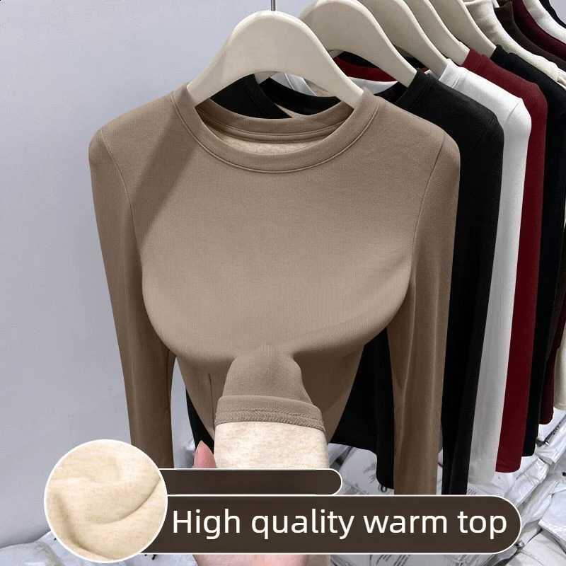 Women's Long Sleeved for Autumn Winter Warm Top Thick Thermal Storage Underwear Versatile Wool Velvet Round Neck Base Shirt H260916