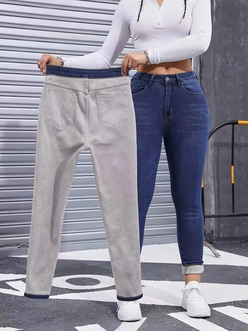 2026 European and American cross-border new style fleece-lined women's elastic tight winter thick warm jeans 04