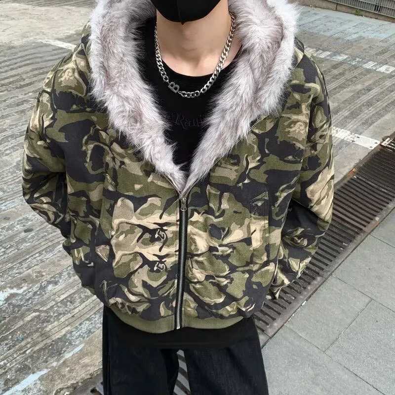 Casual Print Winter American Camouflage Vintage Loose Long Sleeve Zip Up Cotton Jackets Hooded Fur Collar Fashion Warm Outwear W260915