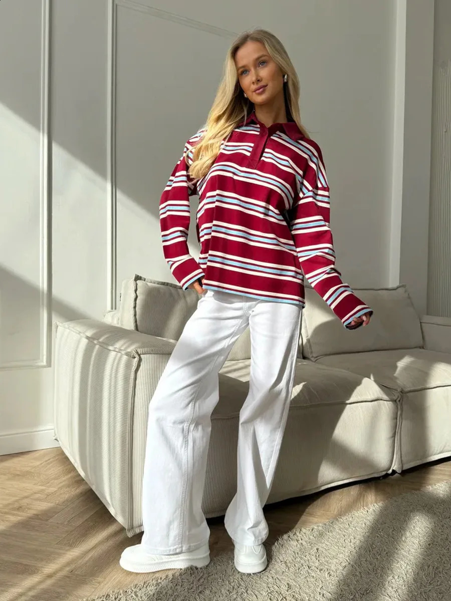 Women Red White Striped Polo Shirt Long Sleeve Half Zip Turn Down Collar Loose Fit Cropped Pullover Top Casual Preppy Streetwear 260916