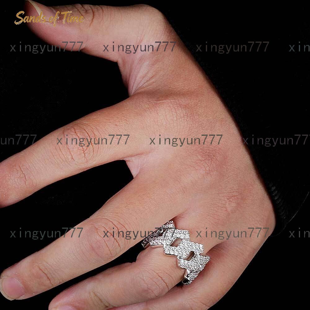 Geometric Diamond Shaped VVS Moissanite Cuban Ring 925 Sterling Silver Plated Custom Hip Hop Rapper Streetwear Bling Band