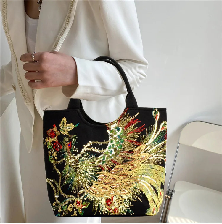 Chic Peacock Embroidery Handbag Sequined Floral Tote Bag with Bead Pendant Women Casual Top Handle Crossbody Bag Shoulder Purse 260916