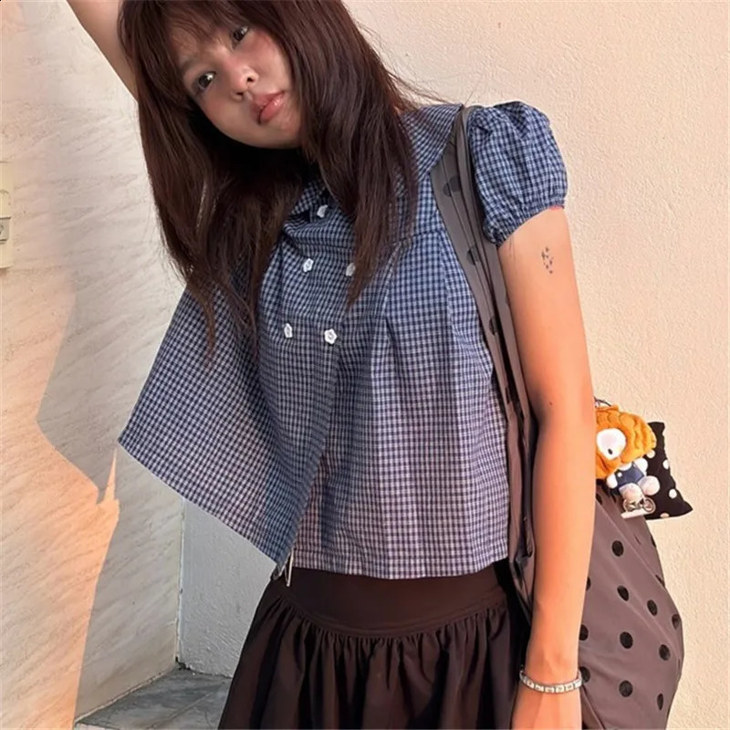 Kawaii Preppy Plaid Cropped Shirt Women Peter Pan Collar Puff Sleeve Double Breasted Flower Button Blouse Summer Y2K Streetwear 260917