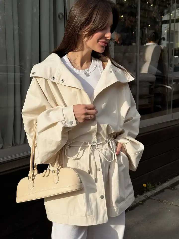 Buckle Tie Chic Mid Lapel Length Trench Coat Fashion Loose Fit With Pockets Women's Casual Spring Autumn Daily Wear 2026 D2609091