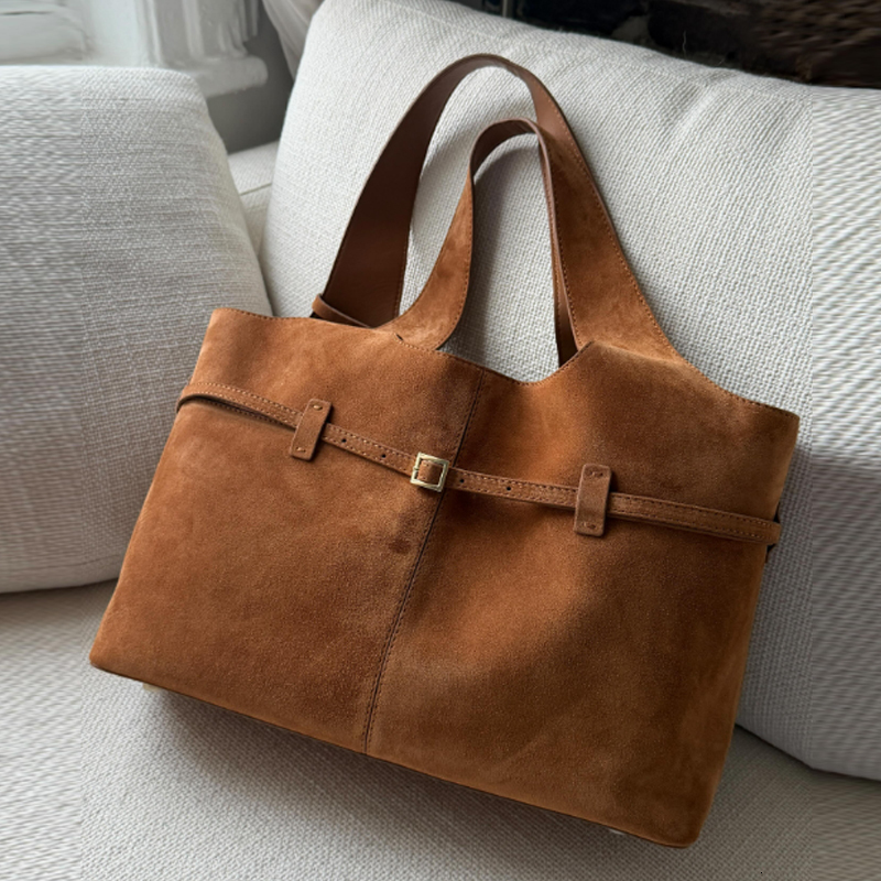 Vintage Faux Suede Tote Bags For Women Luxury Designer Handbags And Purses 2025 New In PU Belt Buckle With Inner Pocket Shoulder