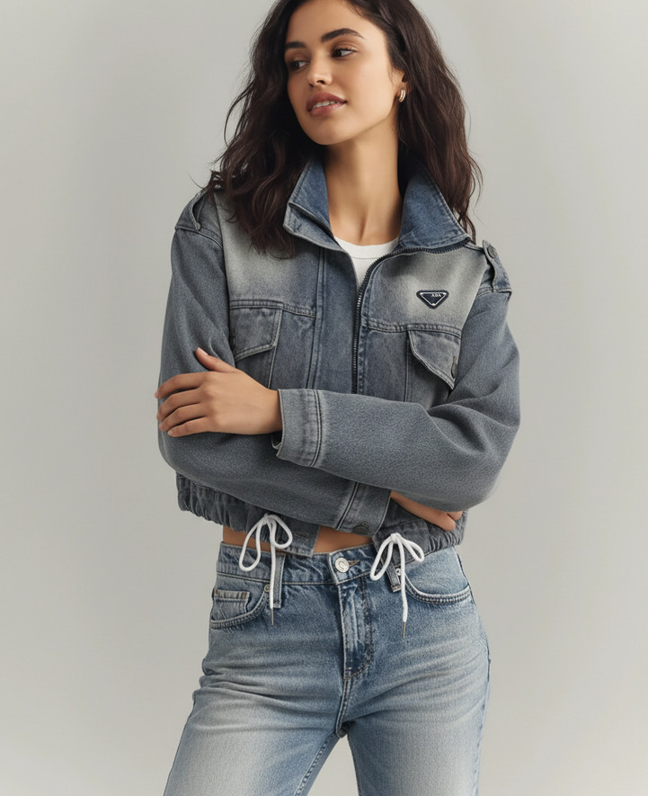 women jeans Jackets Street motorcycle wash stand up collar retro zipper Letter Designer short Coats loose Outerwear women denim jacket