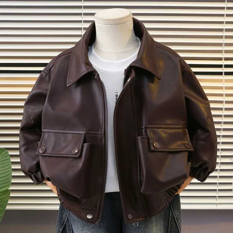 Jacket Leather Boys Spring Autumn New Solid Color Lapel Handsome Motorcycle Zipper Coat For 2-10 Years Kids Loose Pu OuterwearT260916