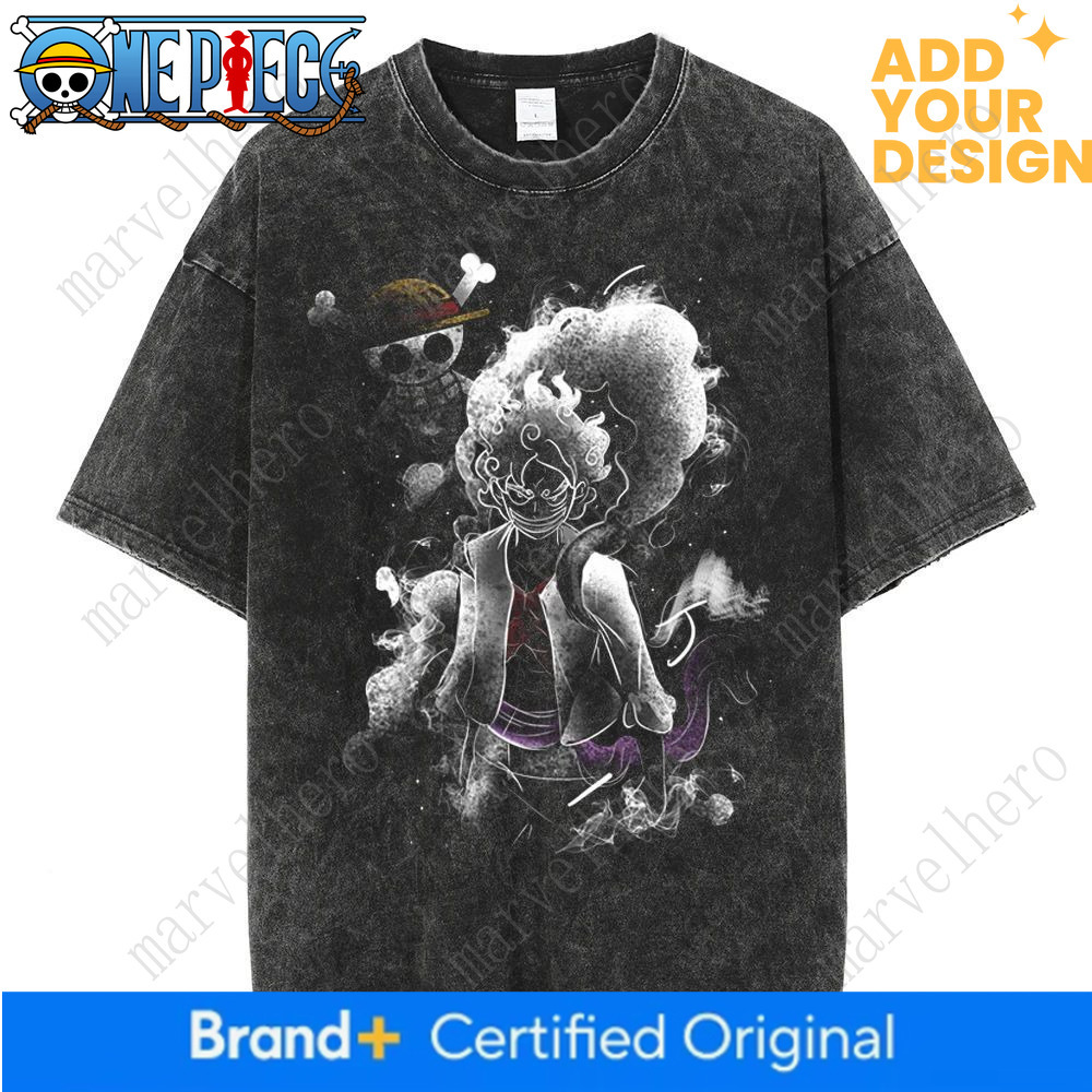 240g heavyweight washed T-shirt, anime-style, new Harajuku loose-fit retro Chinese-style T-shirt for men, featuring the character Nika from One Piec