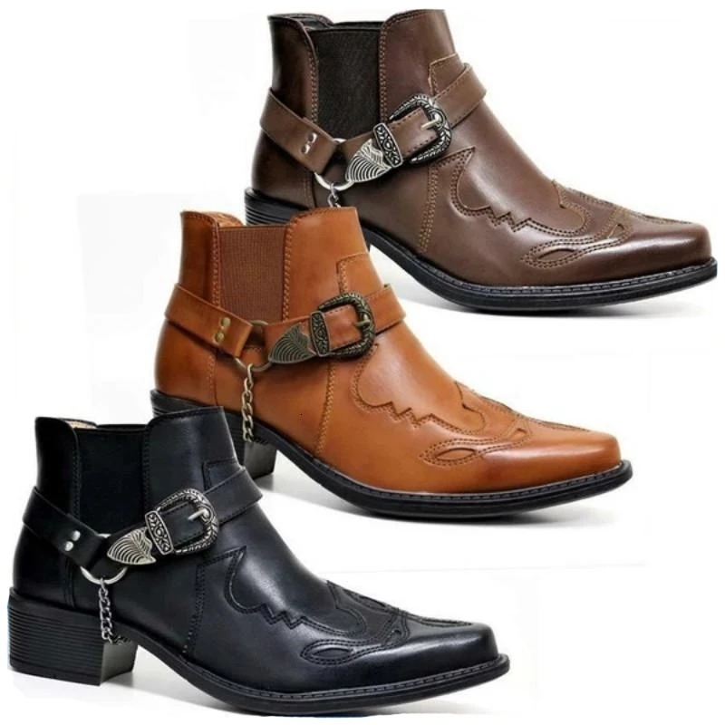 Fashion 2026 Men's Vintage Cowboy Boots Leather High Top Chain Buckle Strap Punk Shoes Pointed Toe Biker Ankle Boots for Men 260916