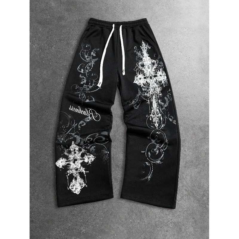 Trendy Gothic 2026 Punk Vintage Streetwear Women's Men Cross Straight Long Pants Casual Wide-Leg Joggers Loose Hip Hop UnisexT260917