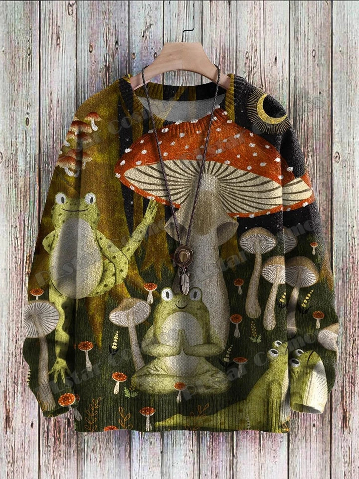 Vintage Cute Frog Yoga Mushroom Art Pattern 3D Printed Men's Knitted Pullover Winter Unisex Casual Knit Pullover Sweater ZZM120 260916