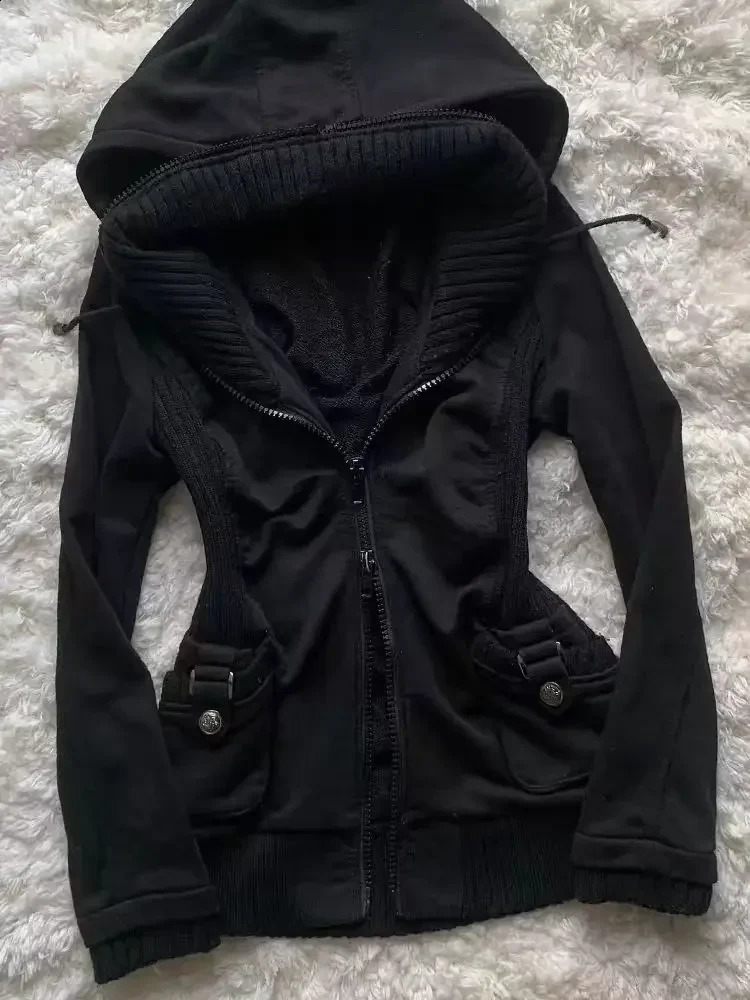 Y2K Goth Punk Zip Up Sweatshirt Embroider Skeleton Cross Bones Pattern Gold Lettering Hoodies Women Winter Streetwear Top Jacket 260917
