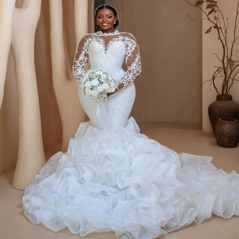 Plus Size Arabic For Bride Full Mermaid Wedding Gowns Detachable Train Long Sleeves Beaded Lace Rhinestones Bridal Dress D910 Bd916