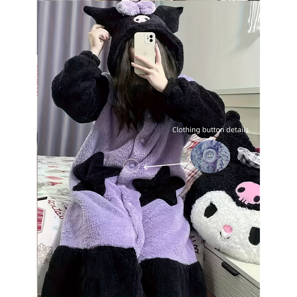 New Kuromi Purple Women's Fall Winter Warm Coral Fleece Home Robe, Onsen Bathrobe, Thickened Long Sleeve Hooded Style, Combining Premium Feel