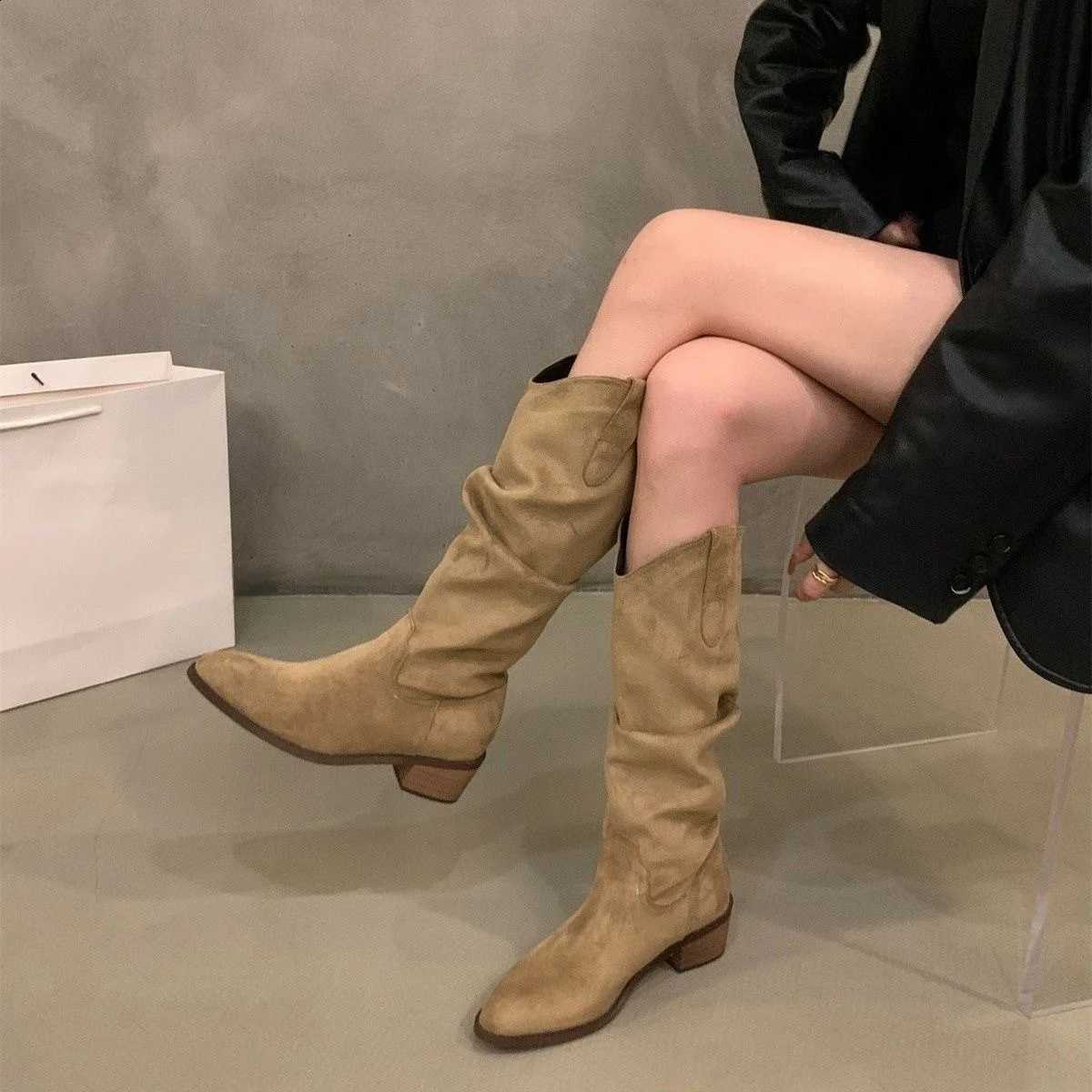 New Pointy Mid-heel Knee-high Boots SlipWomen's Slouch Boots Solid Color fa1 High Top Knight Boots Slim botas feminina D2609171