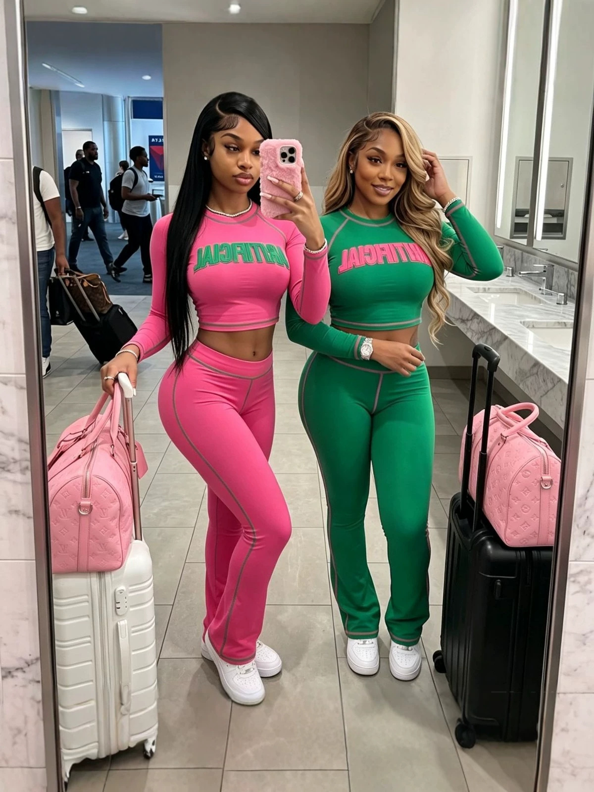 Cross-border European and American style women's clothing: letter-printed color-block long-sleeved crop top and slightly flared long pants, two