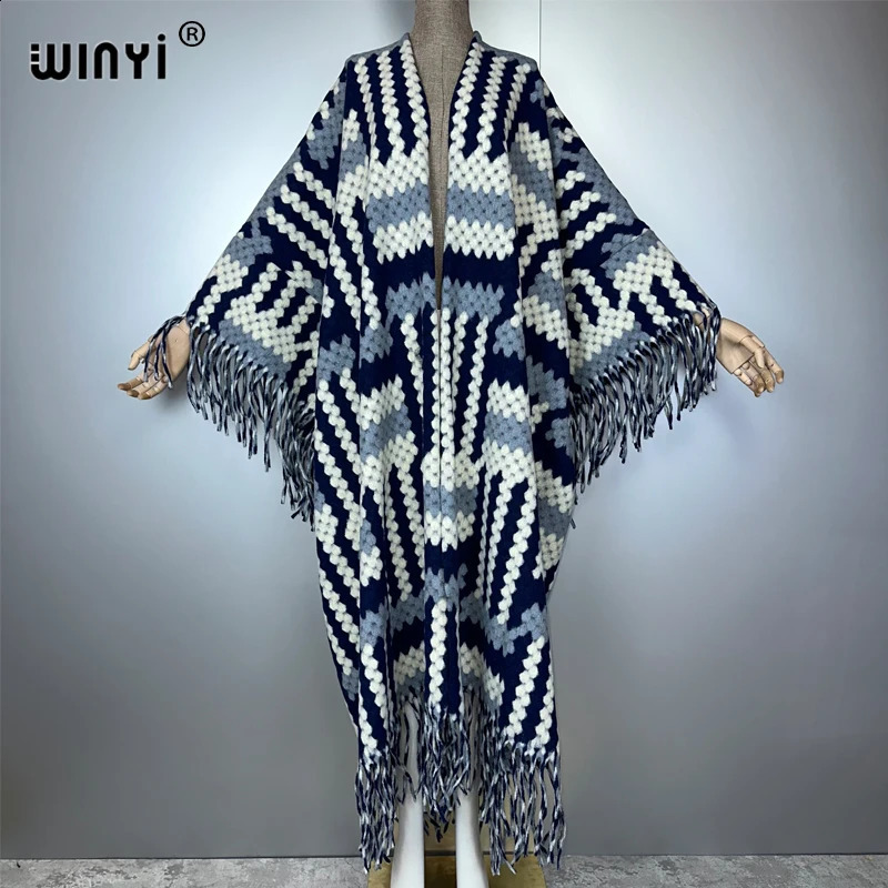 WINYI African Winter print tassel cardigan woman abaya dubai y outfits for women coat Open Front Kimonos long down poncho 260917