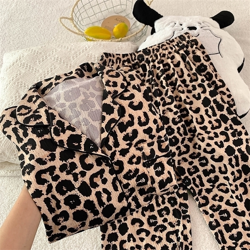 Spring and Autumn Women's Light y Pure Desire Leopard Print Pajamas Girls High Quality Wrinkled Fabric Homewear Set 260916