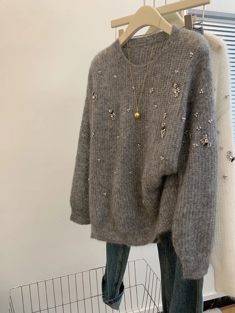 Heavy Industry Beads with Diamonds Gray Pullover Loose Sweater Lazy High-end Women's Knitted Sweater Top 260917