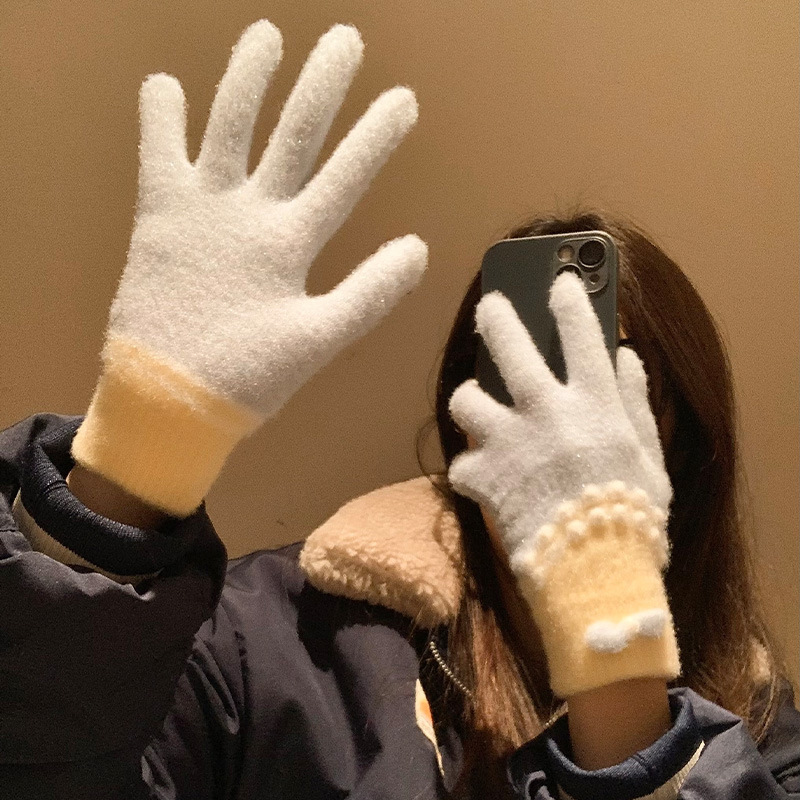 Blue bow-knot knitted finger gloves women, winter 2026 new style, cute pom-pom design, thickened for warmth and cold protection