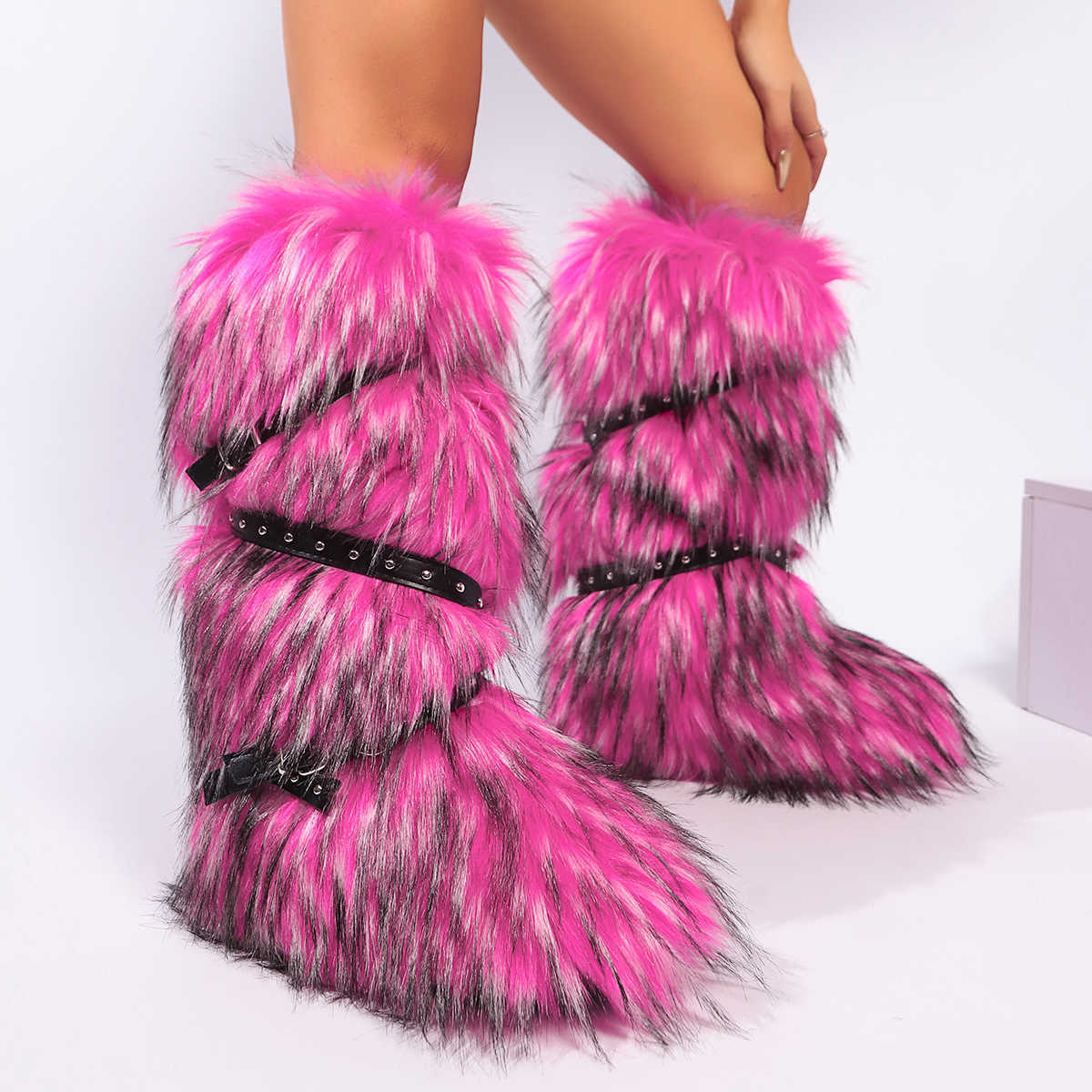 Belt Red Animal Fur Mid-Calf Boots Platform Round Toe Plush Warm Winter Women's Boots Slip Runway Shoes Sexy D260917