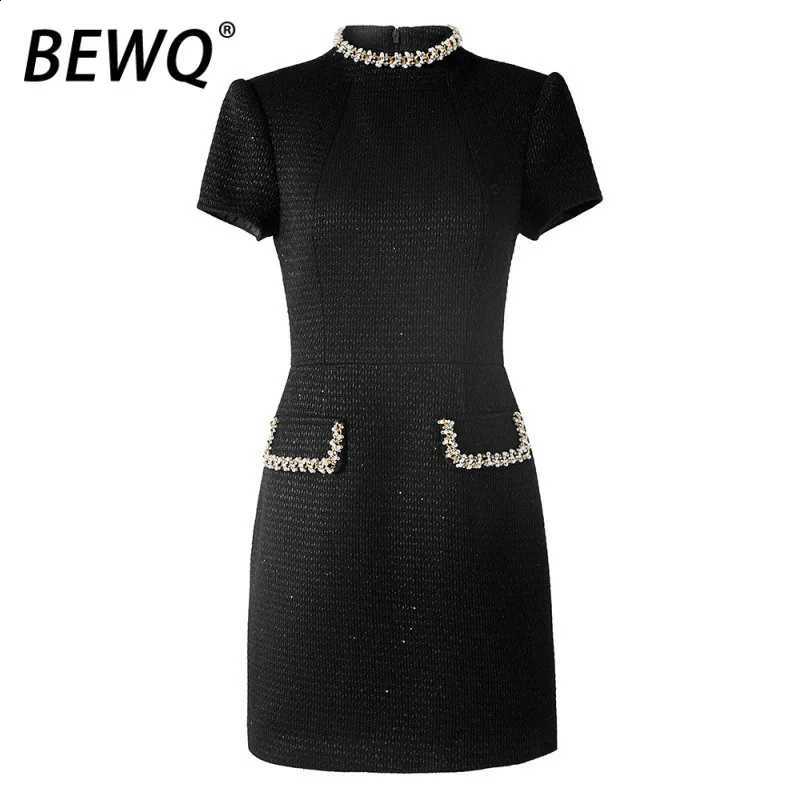 Fashion Women's BEWQ Elegant Dress Evening Party Commuter Beaded Short-sleeve Solid Color Slim Bodycon Dress 2026 Summer New C260917