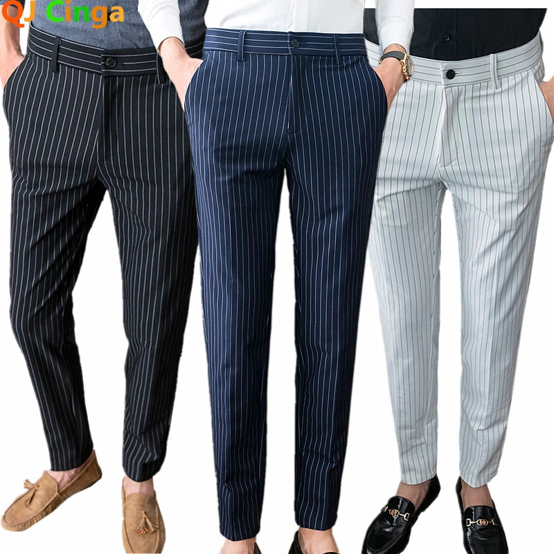 Mens White Vertical Stripes Suit Pants Blue Black Trousers Fashion Slim Pant Business Pantalones Hombre Autumn Slacks 260917