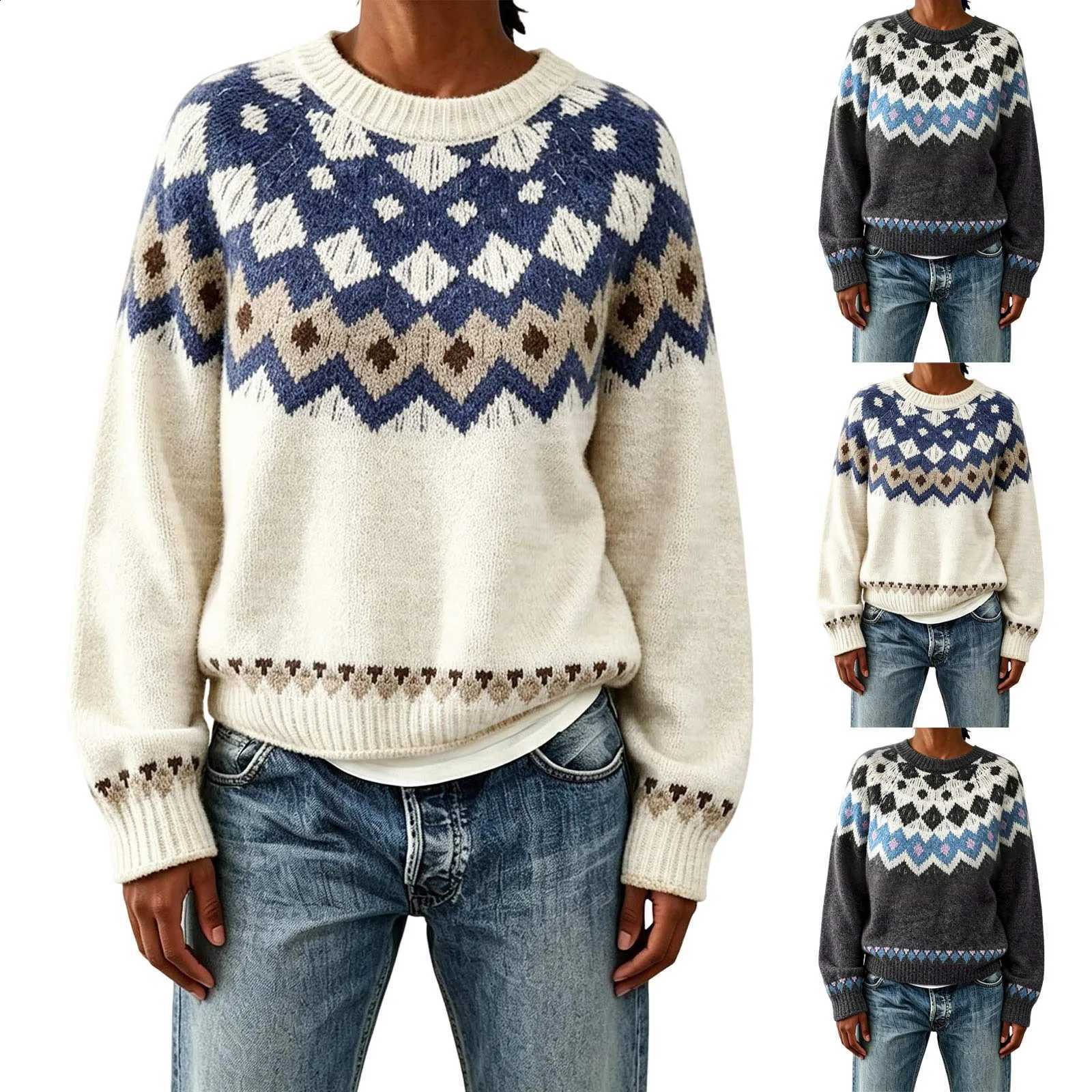 Block Women Autumn Winter Color Geometric Crew Neck Knitted Sweater Nordic Jacquard Pullover Fashion Casual Knitwear Tops J260916