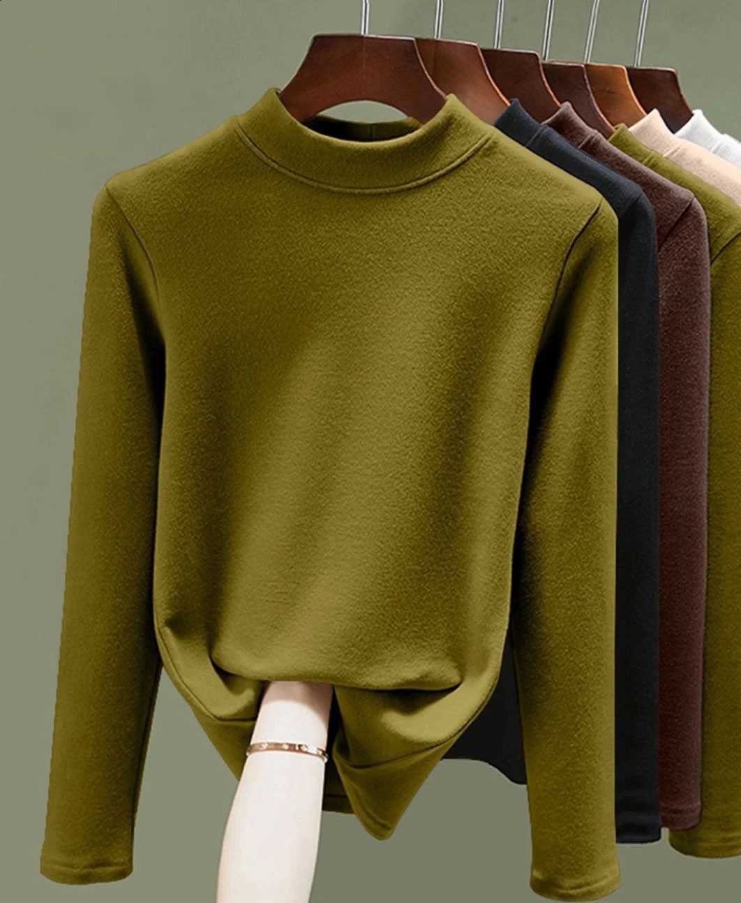 1pcs Womens Thermal Solid T Shirt High Neck Velvet Elastic Basic T-shirts Female Casual Tops Lady Long Sleeve Sexy Warm T-shirts H260916