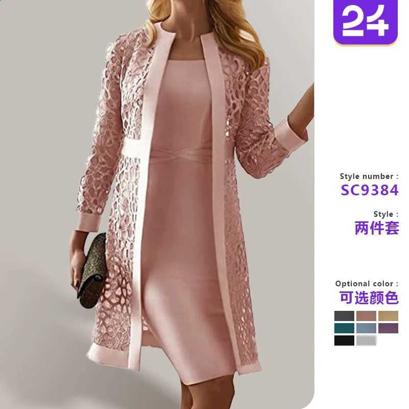 Pieces Women 2 Sets 2026 New Lace Cardigan Top + Solid Color Long Sleeve Dresses Two Pieces Sets Women's Clothing C260917