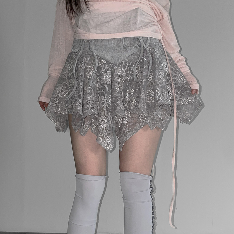 Sweet innocent style, sheer mesh lace sequin tie-up mini skirt for women, featuring an asymmetrical design and a street-style, hollow-out silhouette