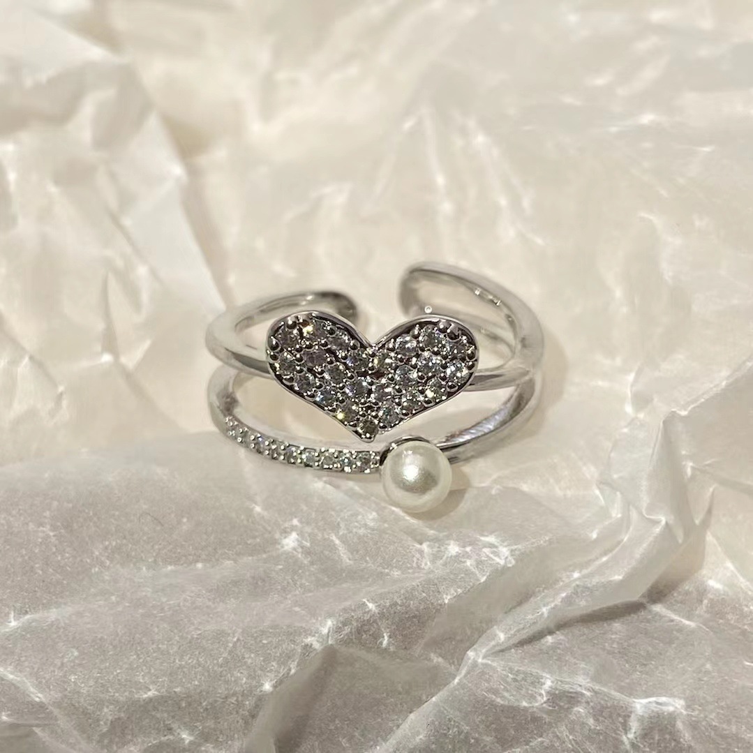Trendy pearl heart ring for women, niche high-end luxury, open design, versatile ring, Instagram style, live broadcast