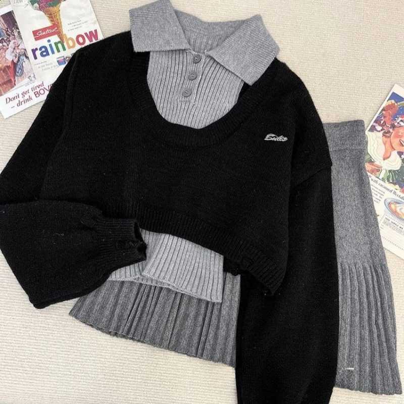 Style Set American Retro Korean Spicy Design Sense Short Knitted Sweater Women's Knitted Short Skirt Three Piece SetW260917