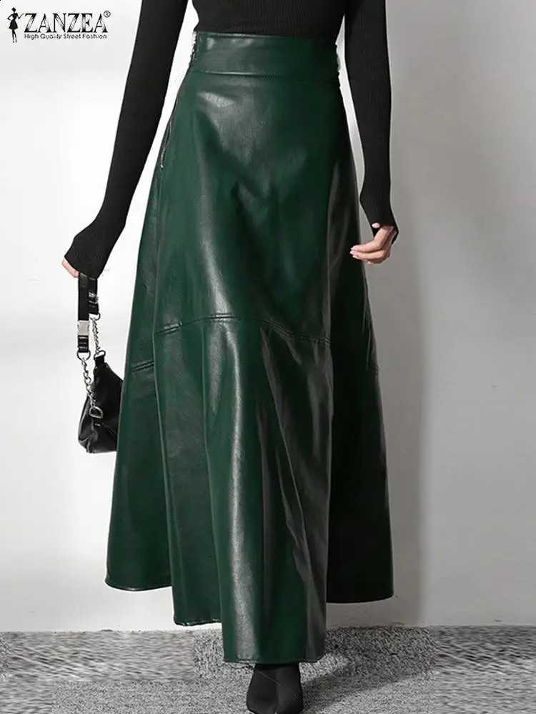 Fashion Solid Mujer Faldas ZANZEA PU Leather Maxi Skirts Womens Elegant OL Long Saias Casual High Waist Zipper Jupe Femme 260917