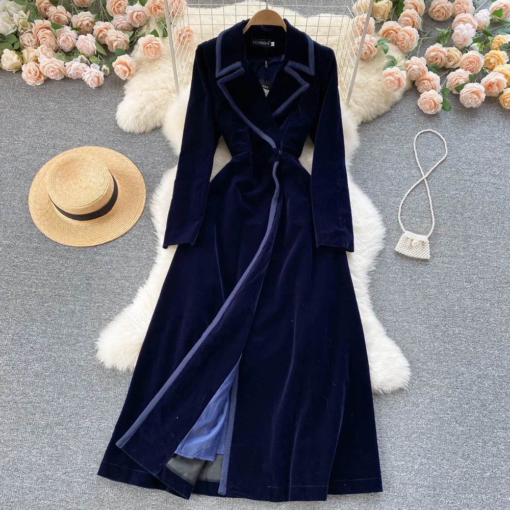 Autumn Winter Long Velvet Windbreaker Coat Women's KneeLength Ele Loose Slimming Trendy DoubleBreasted Suit Collar 260917