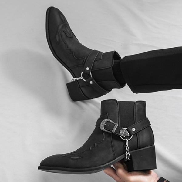 Western cowboy boots men's matte leather Chelsea boots punk style chain buckle short boots